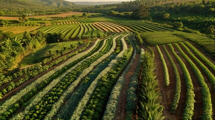 An aerial view of a lush field with different crops forming a sharply ascending line graph pattern, set in a natural landscape.