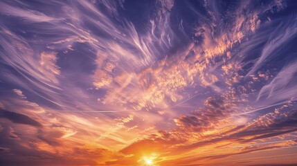 Wall Mural - An amazing cloudscape where thin cirrus clouds stretch like delicate tendrils across a brilliant orange and purple sunset.