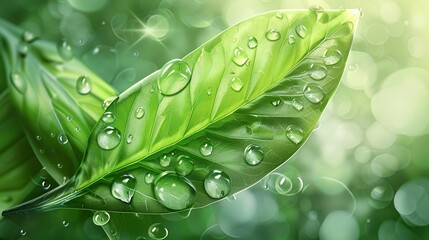Wall Mural - water drops splashing on green leaf, purity nature background, Realistic, Detail. Generative ai