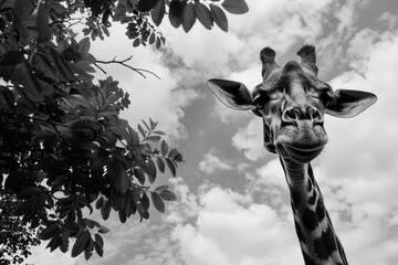 Wall Mural - A giraffe is looking at the camera with its mouth open. The image is in black and white, giving it a classic and timeless feel. The giraffe is standing in front of a tree, which adds a sense of depth