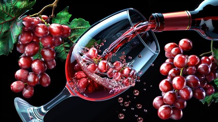 Wall Mural -   A wine glass with red wine, surrounded by green leaves and grapes on a dark background