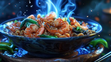 Wall Mural -   A blue bowl filled with pasta and shrimp sits on a blue plate, with chopsticks next to it