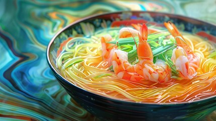 Wall Mural -   A bowl brimming with noodles and carrots graces a blue-green tablecloth, set against a swirling backdrop