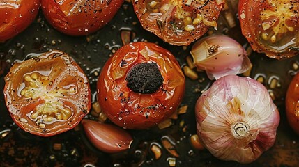 Wall Mural -   Close-up of tomatoes, onions, and garlic on a pan with oil on top of tomatoes