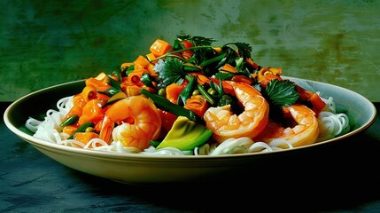 Wall Mural -   Bowl of noodles with shrimp, avocado, and cilantro on dark surface with green wall background