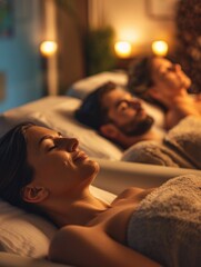 Wall Mural - Three people are laying down in a spa, each with a towel draped over their shoulders. The atmosphere is calm and relaxing, with candles and dim lighting creating a soothing environment