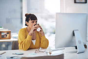 Wall Mural - Computer, desk and business woman with coffee relax for reading email, website and research. Corporate, professional and person on pc monitor in workplace with beverage, caffeine and tea on break