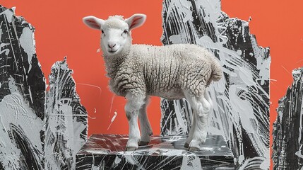 Poster -   A sheep perched on a rock against a backdrop of red and black with white paint splatters