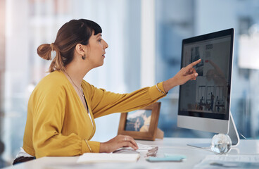 Poster - Computer, screen and woman with pointing in office for company network, planning and solution. Creative agency, monitor and person with idea by technology for web design, information and ux strategy