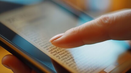 A closeup of a finger tapping on the touch screen of an ereader highlighting the responsiveness and precision of the device.