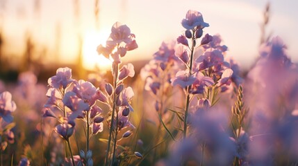 Sticker - A field of pink flowers with the sun shining on them. The sun is setting in the background