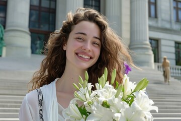 Wall Mural - A woman with long hair is holding a bouquet of white flowers. She is smiling and she is happy