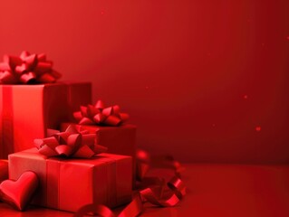 Wall Mural - A red background with three red boxes on it. The boxes are wrapped in red ribbon and have bows on them. The boxes are arranged in a pyramid shape, with the largest box at the bottom