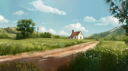 Wall Mural -   A house stands in a field, surrounded by dirt and a hill in the backdrop