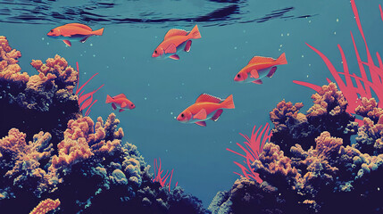 Wall Mural -  School of Fish in Azure Ocean with Coral Beds