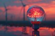 © Neuraldesign - A light bulb with a tree inside, silhouetted against wind turbines and a sunset sky, symbolizes the integration of green energy technologies and the vision for a sustainable future.