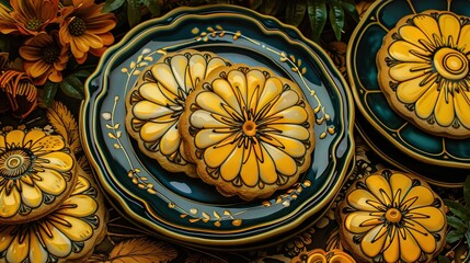 Wall Mural -   Blue plates topped with yellow-iced cookies on either side