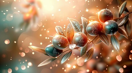 Wall Mural -    a plant's close-up with leaves and berries on a focused background featuring water droplets on its foliage