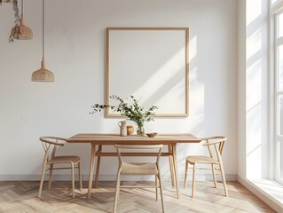 Wall Mural - Minimalist Dining Room with Wooden Table and Natural Lighting in Modern Scandinavian Interior Design