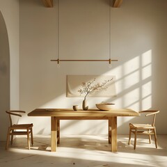 Wall Mural - Minimalist Dining Space with Wooden Table and Chairs in Cozy Natural Light