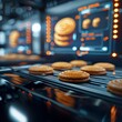© Wimon - A close-up of an industrial conveyor belt transporting freshly baked goods in a high-tech factory, holographic interface, neon blue lighting, cyberpunk, 3D rendering, sharp focus