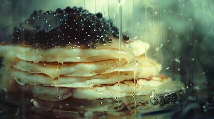 Wall Mural -   A table with a pancake stack and a droplet-covered window on a rainy day