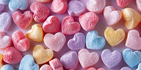 Wall Mural - A bunch of candy hearts in various colors and sizes. The candy hearts are arranged in a way that they look like a heart-shaped pattern