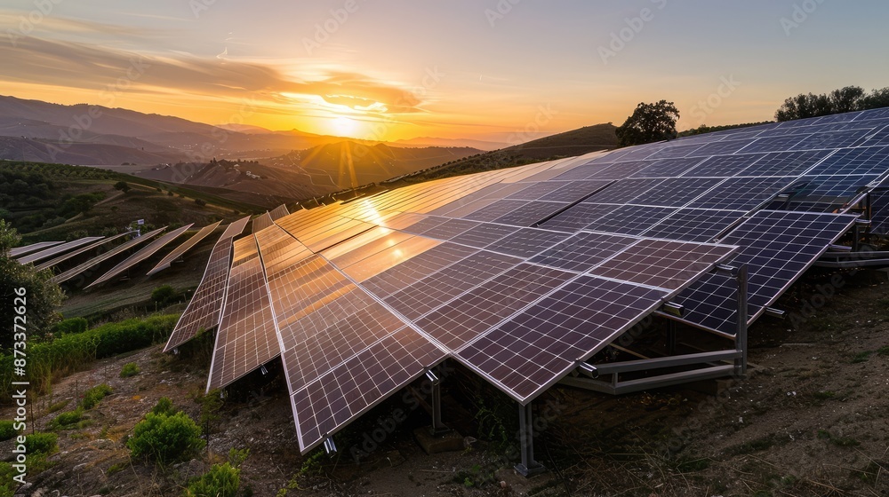 Solar panels array on a hilly terrain, with the sunset casting long ...