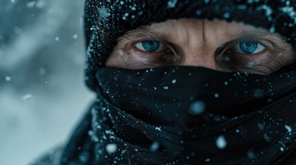 Wall Mural - A man with blue eyes is wearing a black scarf and a black hat. He looks cold and is staring at the camera