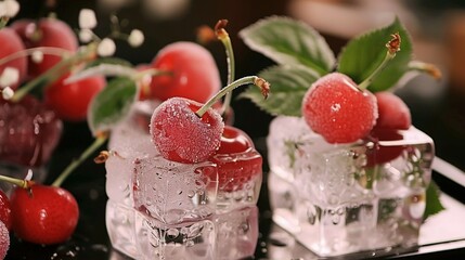 Wall Mural -   A cluster of cherries perched atop ice cubes, surrounded by verdant foliage