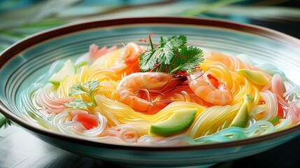 Poster -   A bowl of pasta topped with shrimp, avocado, and cilantro, finished with a sprinkle of parsley