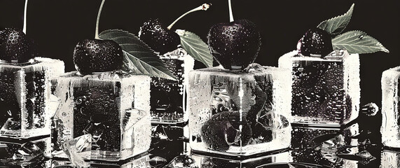 Wall Mural -   A photo of fruit in ice cubes, with leaves on top, rendered in black and white