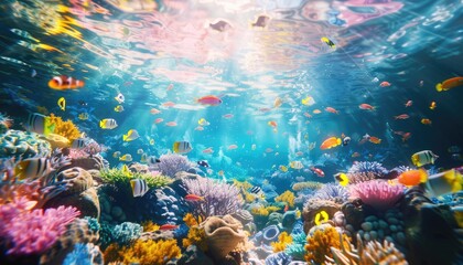 Wall Mural - A stunning coral reef underwater, a vibrant ecosystem full of marine life, illuminated by sunlight filters AIG59