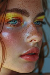 Canvas Print - A woman with blue eyes and yellow makeup on her face. The makeup is bright and bold, giving her a confident and playful appearance