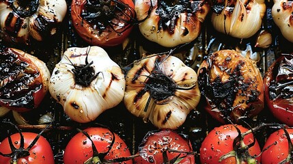 Wall Mural -   A variety of tomatoes grilled with char marks on one side and caramelized tops on the other