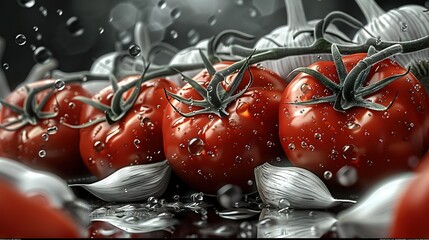 Wall Mural -  Red tomatoes on metal tray with water droplets on table