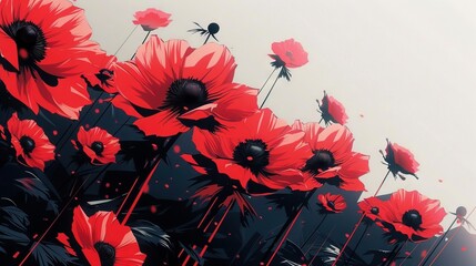 Wall Mural -   Black-and-white background adorned with vibrant red flowers, accented by a splash of paint at the base