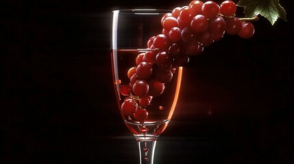 Wall Mural -   Red wine with grapes on the rim and a green leaf on the stem in a glass