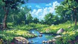 © sukrit - Pixelated landscape of a tranquil meadow with a babbling brook