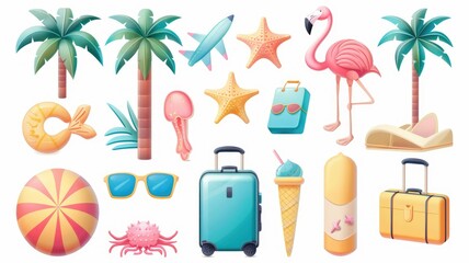 Summer Vacation Essentials: Travel and Beach Fun! - A collection of summer vacation essentials, featuring tropical palm trees, beach accessories, travel luggage, and more. This colorful illustration c