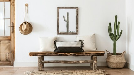 Wall Mural - Rustic Interior Design with Cactus Plant - A rustic interior design featuring a wooden bench with pillows, a cactus plant in a basket, and a picture on the wall. The room has a minimalist aesthetic wi