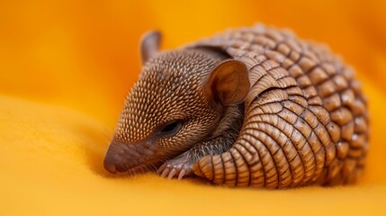 A little baby armadillo curled up in a ball on a sunflower yellow background.