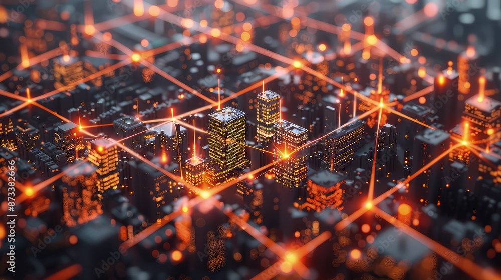 A creative 3D cityscape where buildings are shaped like data points and ...