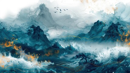 Abstract Mountain Landscape in Watercolor - A serene watercolor painting depicts abstract mountains in a misty blue landscape with golden highlights - A serene watercolor painting depicts abstract mou