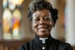 © ChaoticMind - An adult woman in clerical attire is seen smiling warmly with stained glass windows in the background, symbolizing faith and dedication. The setting is bright and welcoming.
