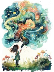 Wall Mural - Girl with Magical Watercolor Cloud - A watercolor illustration of a young girl standing in a field, with a magical cloud filled with swirls and colors above her. - A watercolor illustration of a young