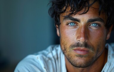 Wall Mural - A man with blue eyes and a stubble looks directly at the camera. His face is illuminated by sunlight, casting shadows on his skin. He is wearing a white shirt and has dark, wavy hair