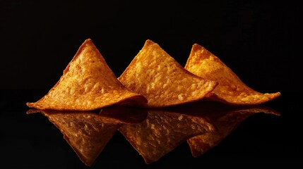 Wall Mural - three tortilla chips are piled on top of each other. the chips are golden brown and appear to be fre