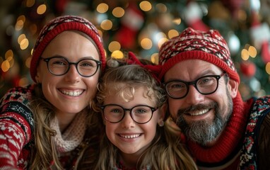 A smiling family of three, a woman, a man, and a young girl, wear glasses and festive winter hats, looking directly at the camera in front of a Christmas tree