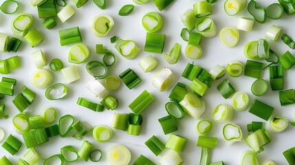 Poster - A close up of green onions with the stems and leaves visible. The onions are scattered across the image, creating a sense of abundance and freshness